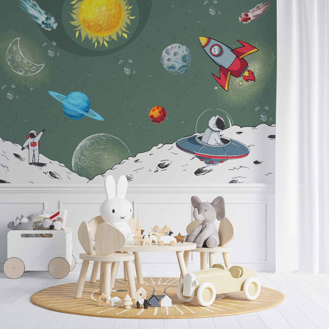 Kids Wall Murals Solar System Space Rocket Planets Astronaut Wallpaper for Kids