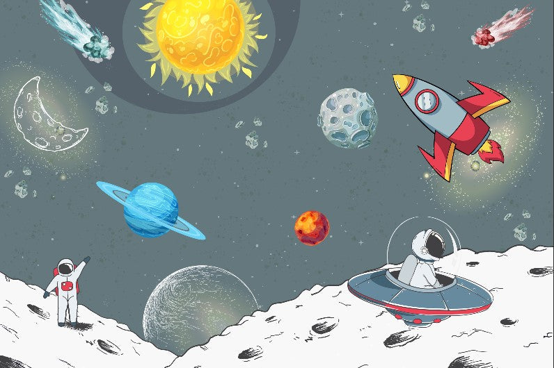 Papier peint aventures d’astronautes à travers la galaxie pour chambre d’enfant