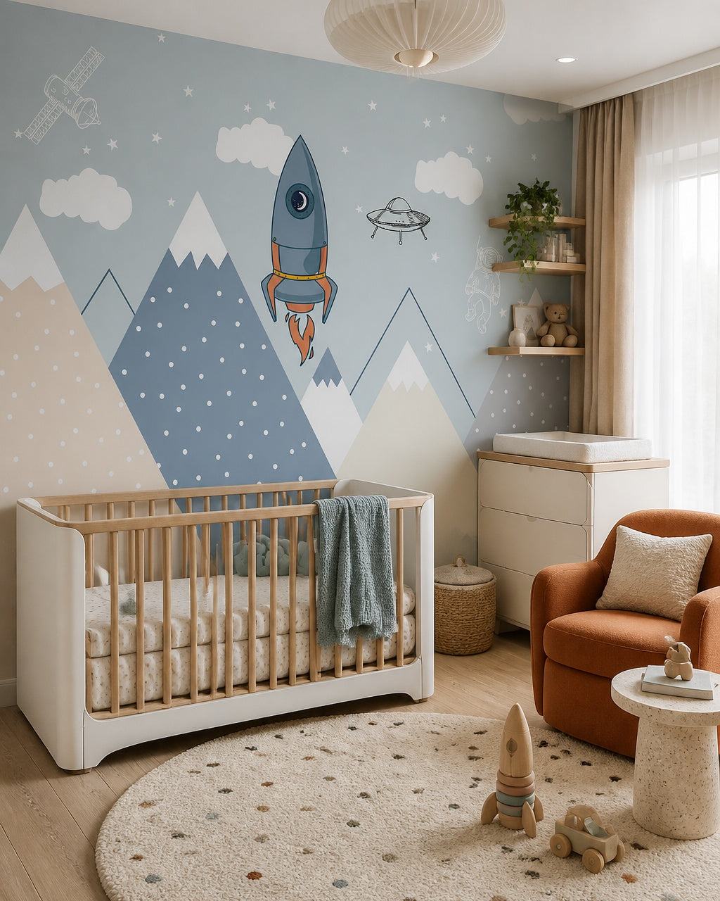 Space adventures above the mountains kids room wallpaper in a modern nursery with a crib.