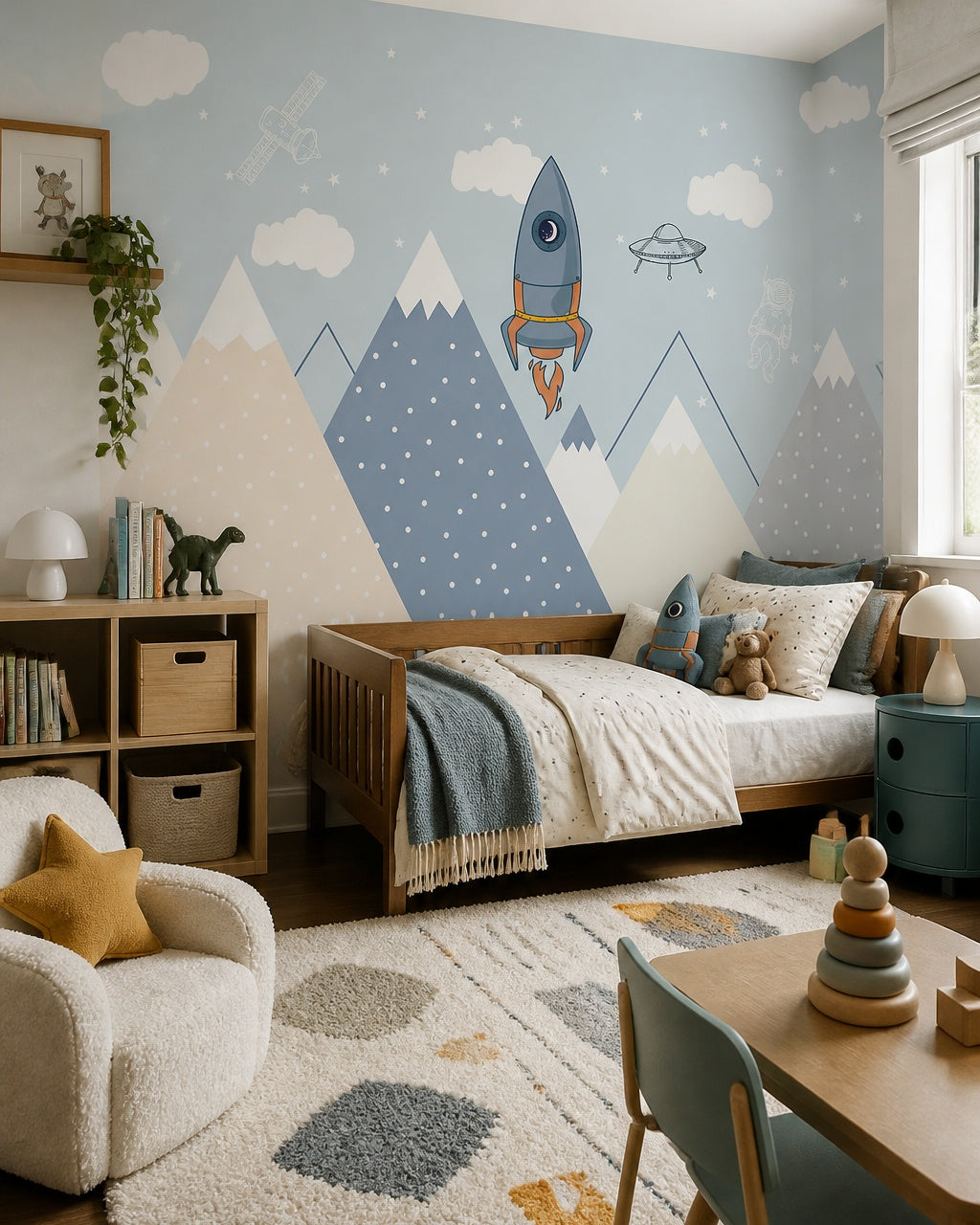 Space adventures above the mountains kids room wallpaper in a toddler bedroom with a child-sized bed.