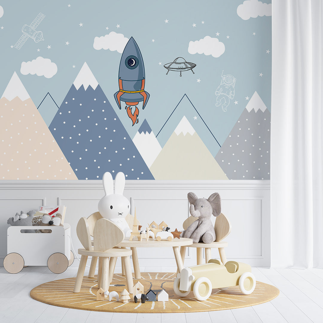 Kids Wall Murals Space Rocket Mountains Adventure Blue Sky Clouds Wallpaper for Kids