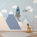 Kids Wall Murals Space Rocket Mountains Adventure Blue Sky Clouds Wallpaper for Kids