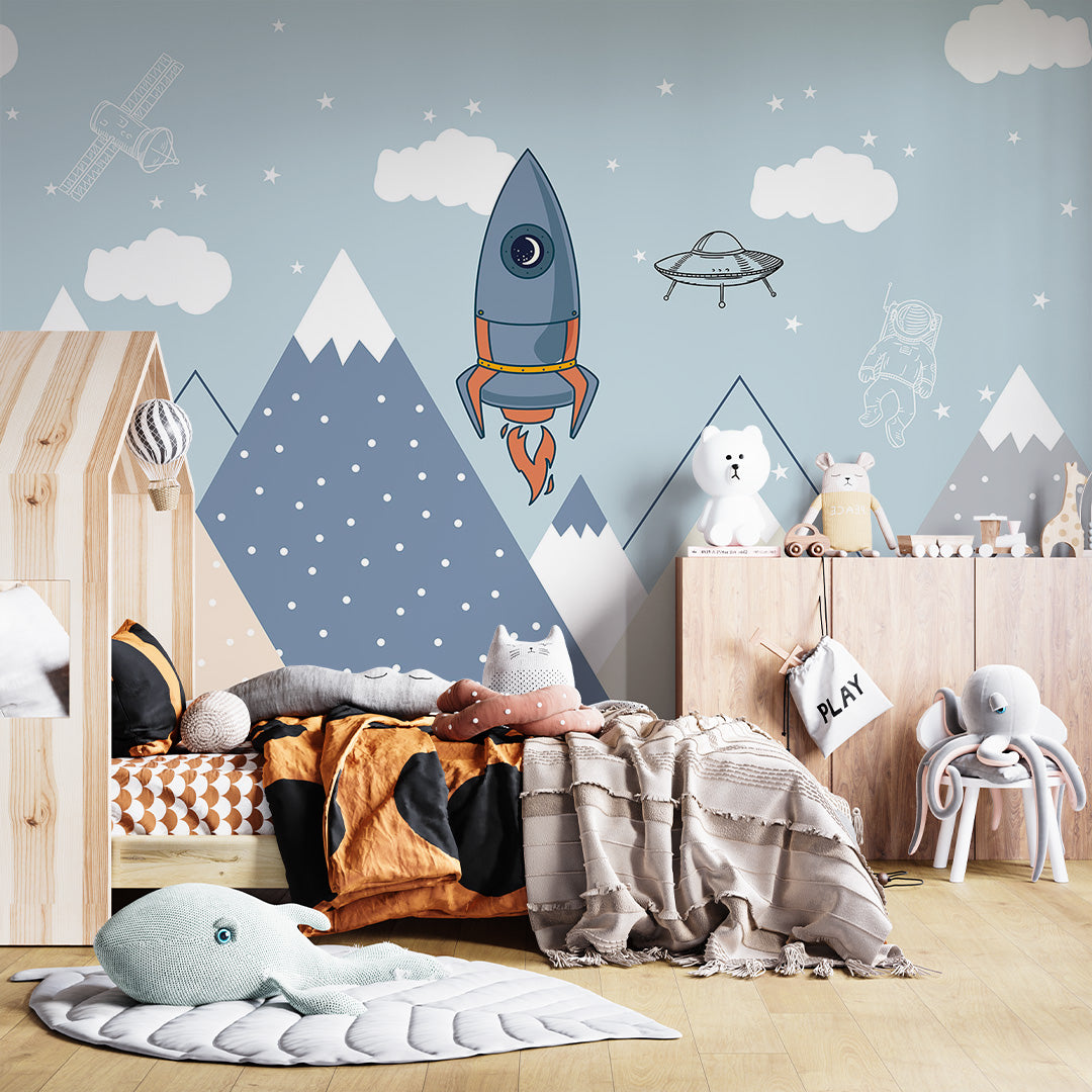 Kids Wall Murals Space Rocket Mountains Adventure Blue Sky Clouds Wallpaper for Kids