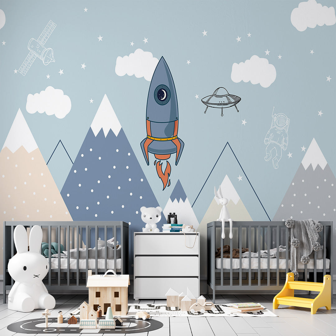 Kids Wall Murals Space Rocket Mountains Adventure Blue Sky Clouds Wallpaper for Kids