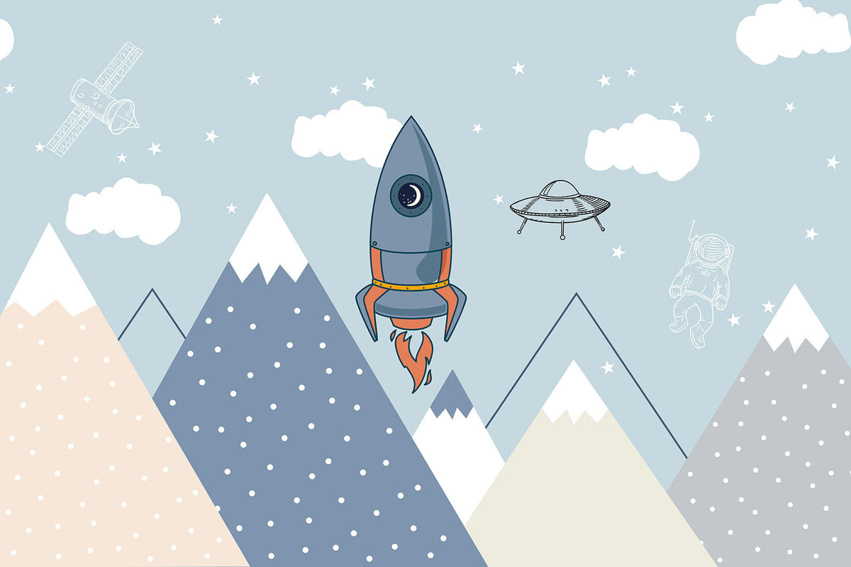 Papier peint aventures spatiales au-dessus des montagnes pour chambre d’enfant