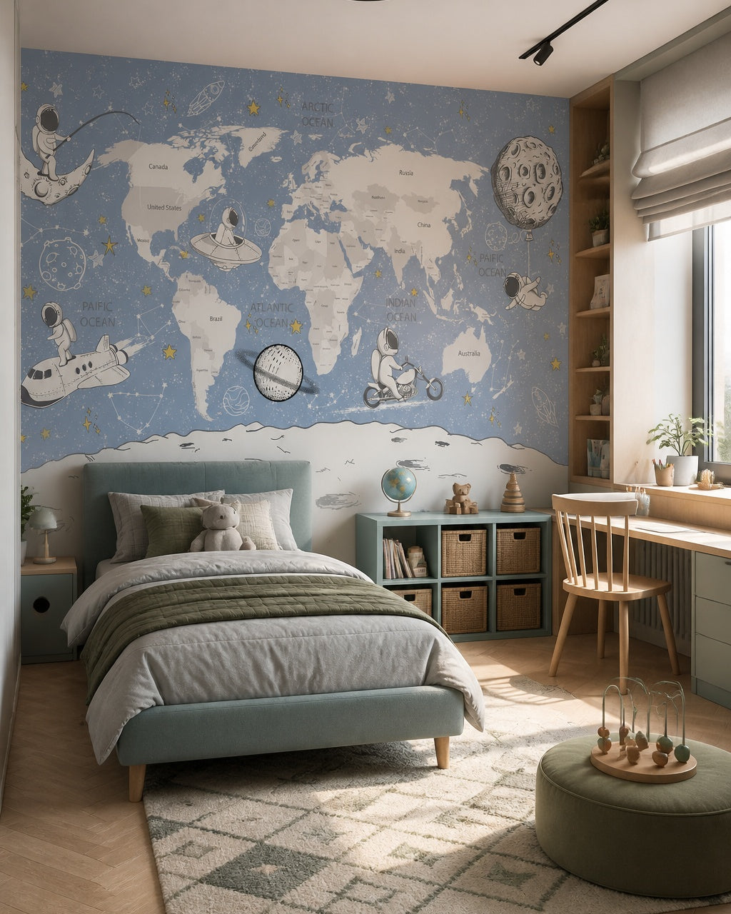 Blue cosmic world map & astronauts kids’ wall mural in a toddler bedroom with a child-sized bed.
