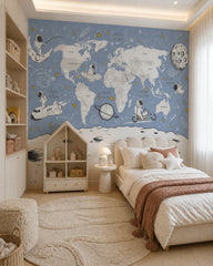 Blue cosmic world map & astronauts kids’ wall mural in a girl’s bedroom.