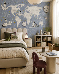 Blue cosmic world map & astronauts kids’ wall mural in a boy’s bedroom.