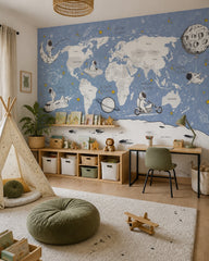 Blue cosmic world map & astronauts kids’ wall mural in a children’s playroom.