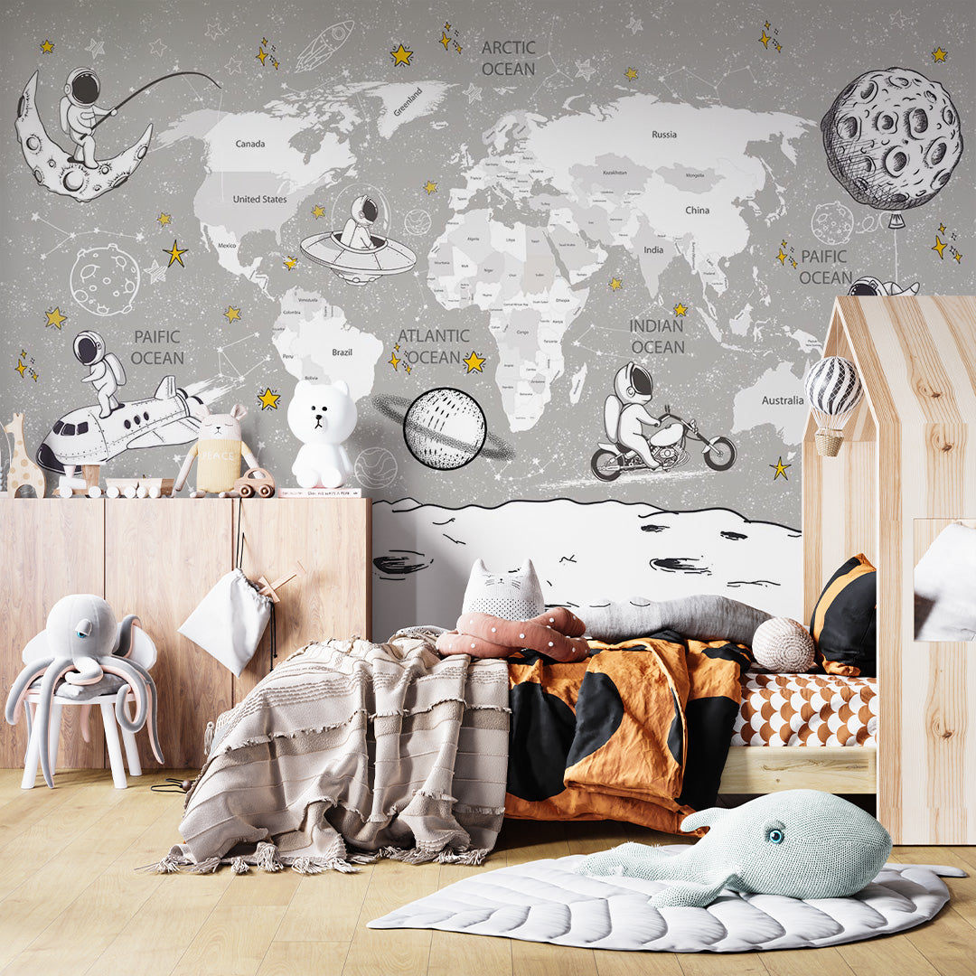 Kids World Map Wall Mural Decals Posters for Girls Boys Baby Wallpaper for Kids