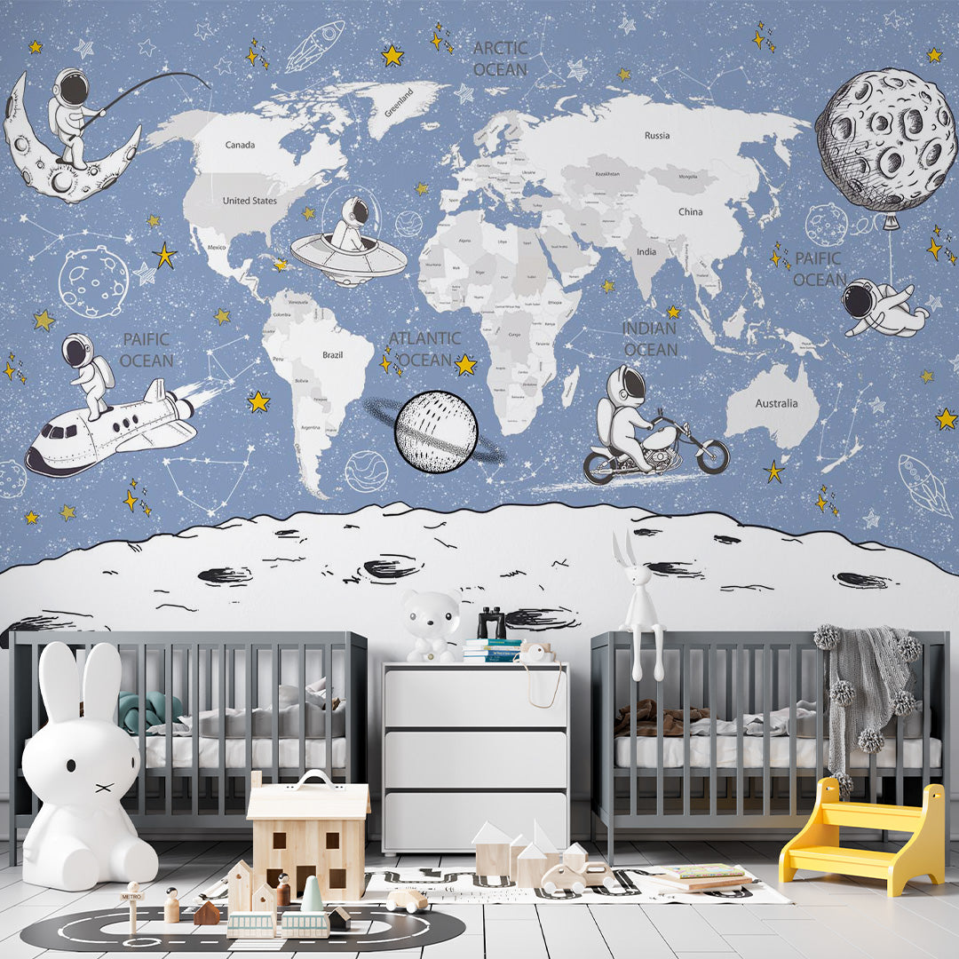 Blue world map mural with astronauts, spacecraft, moon surface, planets and yellow stars