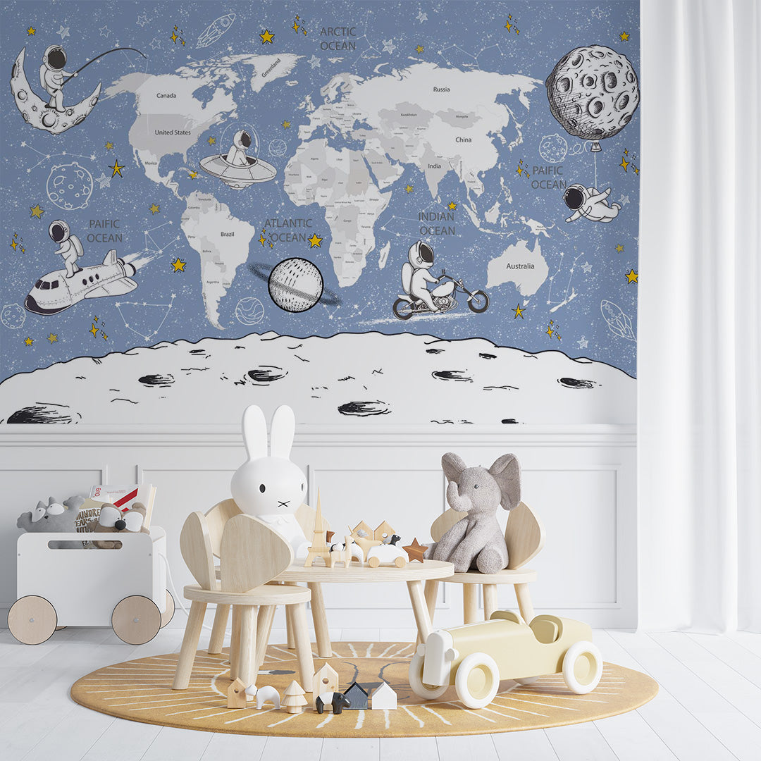 Kids World Map Space Wall Mural Decals Posters for Girls Boys Baby Wallpaper for Kids