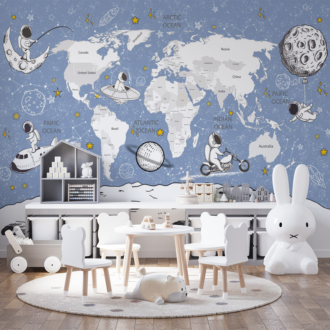 Kids World Map Space Wall Mural Decals Posters for Girls Boys Baby Wallpaper for Kids