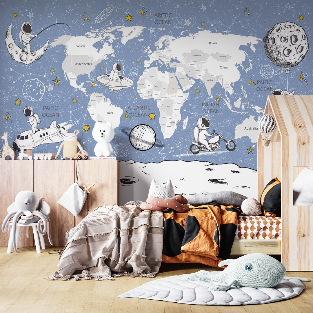 Kids World Map Space Wall Mural Decals Posters for Girls Boys Baby Wallpaper for Kids