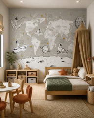 Astronaut adventure world map kids’ wall mural in a toddler bedroom with a child-sized bed.