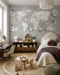 Astronaut adventure world map kids’ wall mural in a girl’s bedroom.