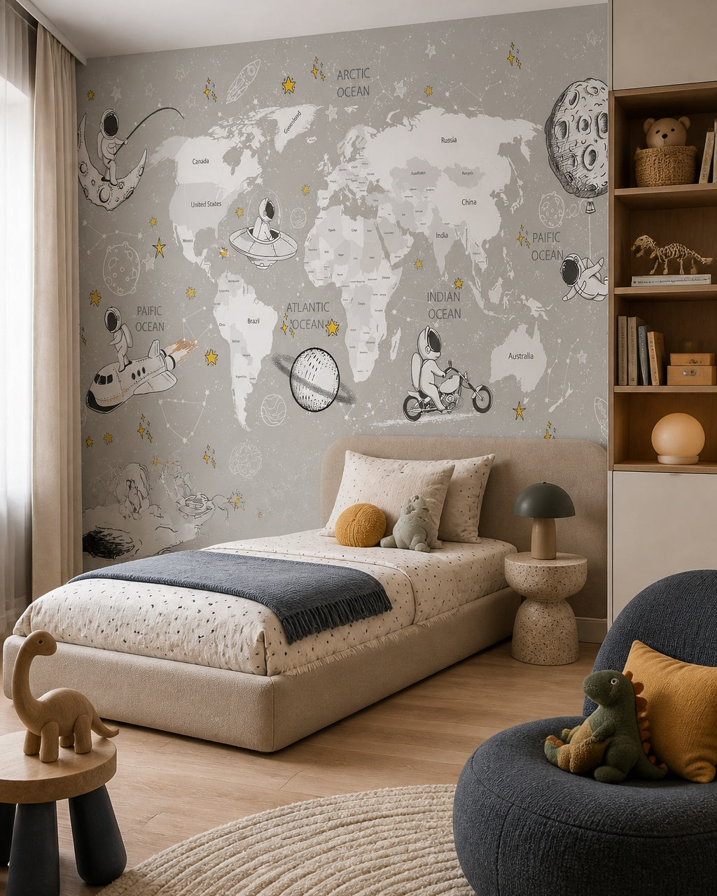 Astronaut adventure world map kids’ wall mural in a boy’s bedroom.