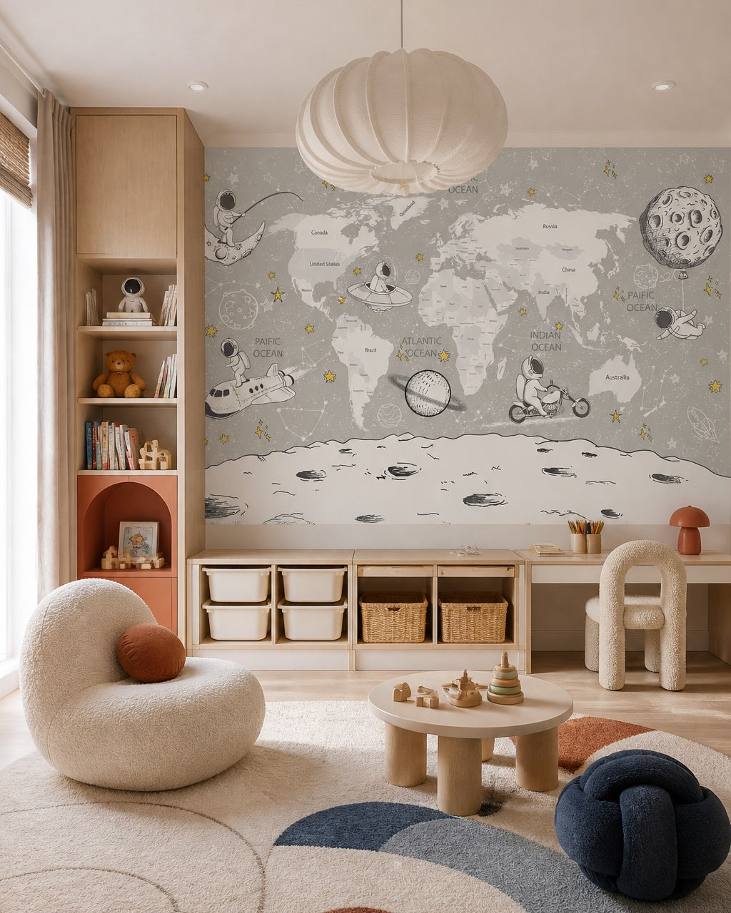 Astronaut adventure world map kids’ wall mural in a children’s playroom.