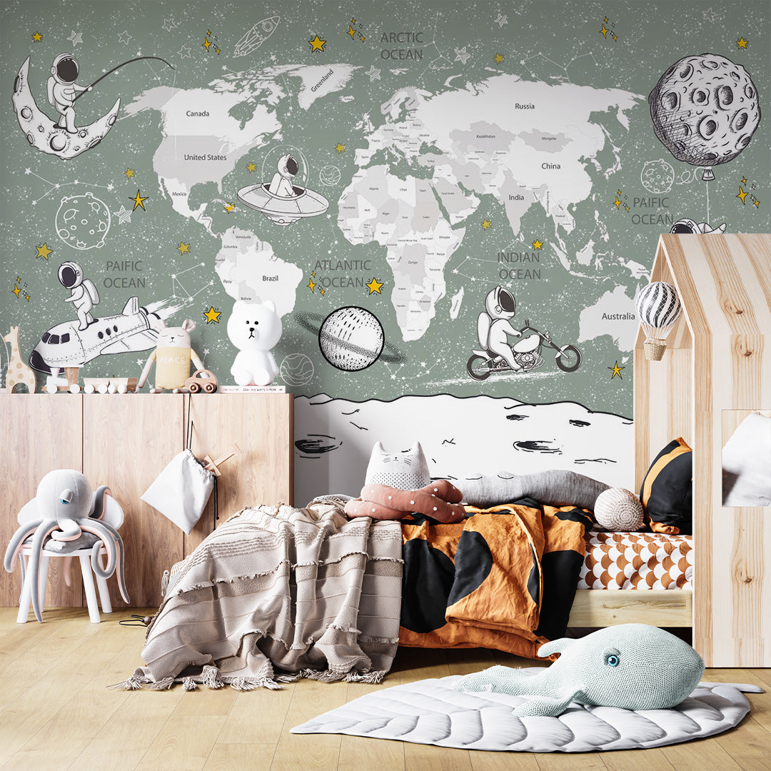 Kids World Map Wall Mural Decals Posters for Girls Boys Baby Wallpaper for Kids