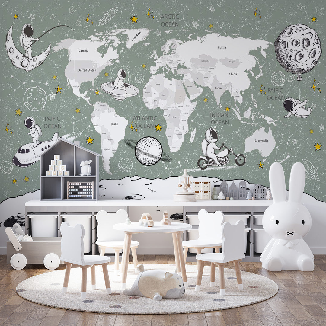 Kids World Map Wall Mural Decals Posters for Girls Boys Baby Wallpaper for Kids