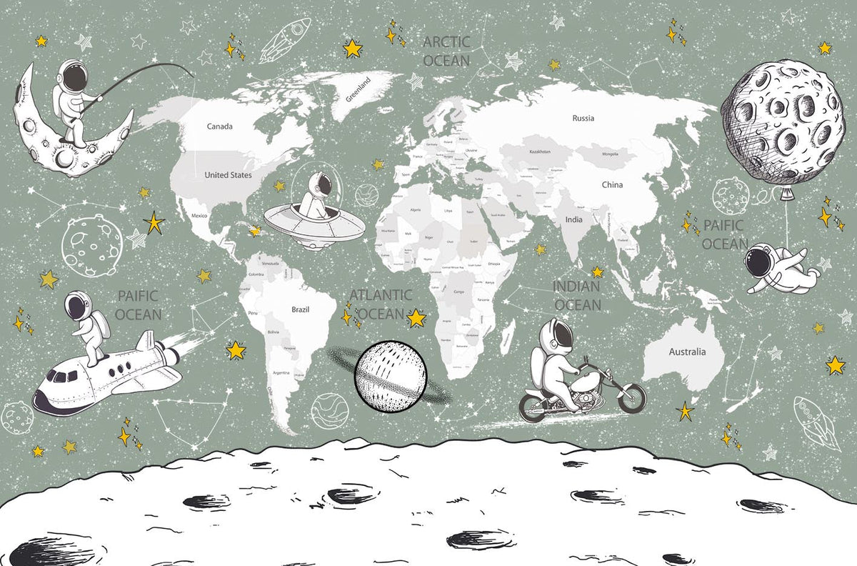 Fototapeta Kosmiczni Odkrywcy – mapa świata i powierzchnia Księżyca