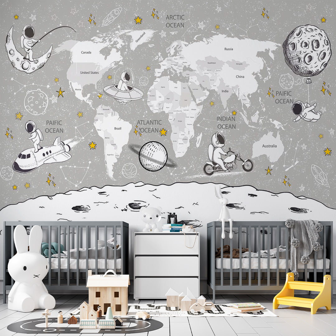 Kids World Map Wall Mural Decals Posters for Girls Boys Baby Wallpaper for Kids