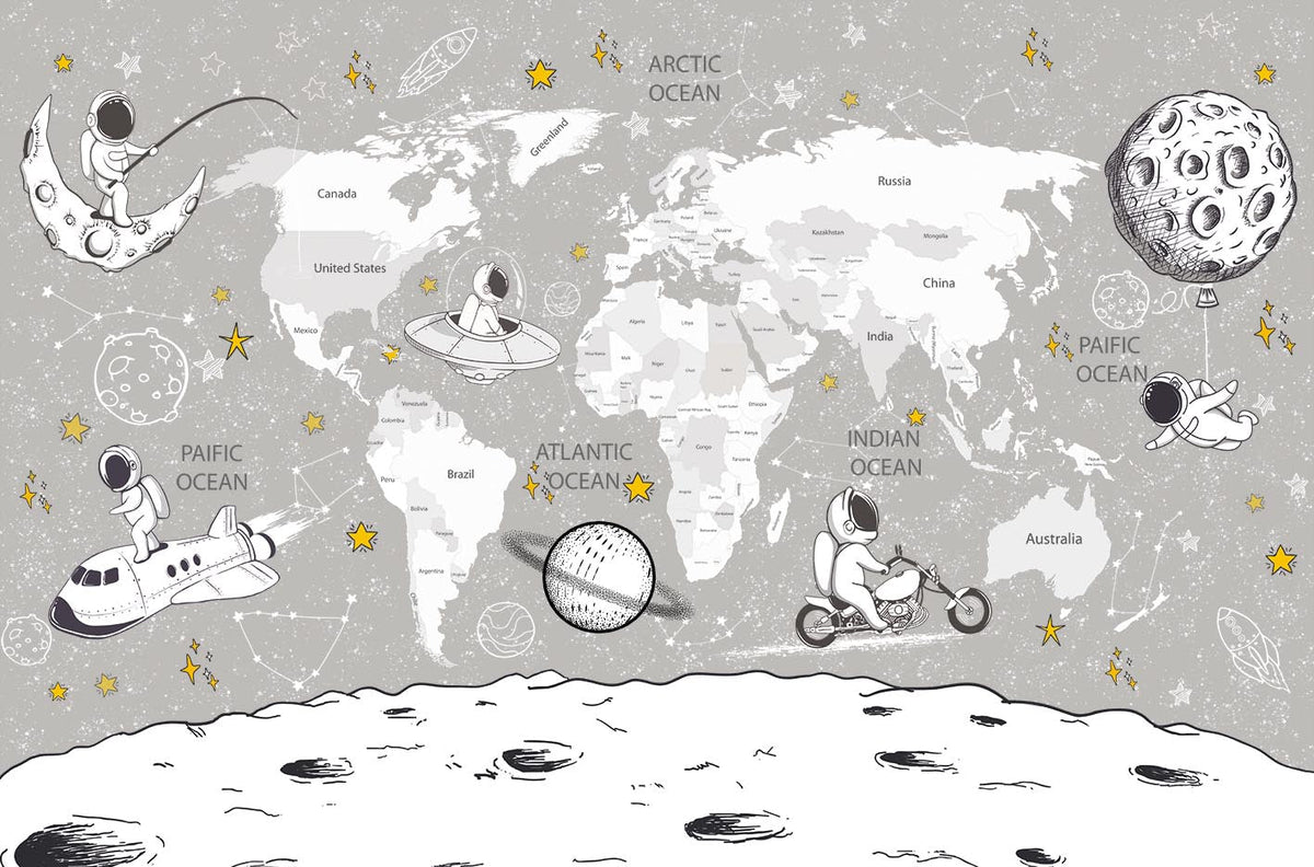 Fototapeta Mapa Świata i Przygody Astronautów – do pokoju dziecka