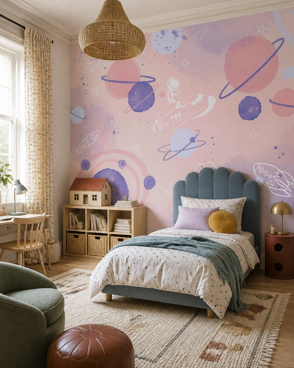 Dreamy pink space adventure nursery wallpaper in a girl’s bedroom.