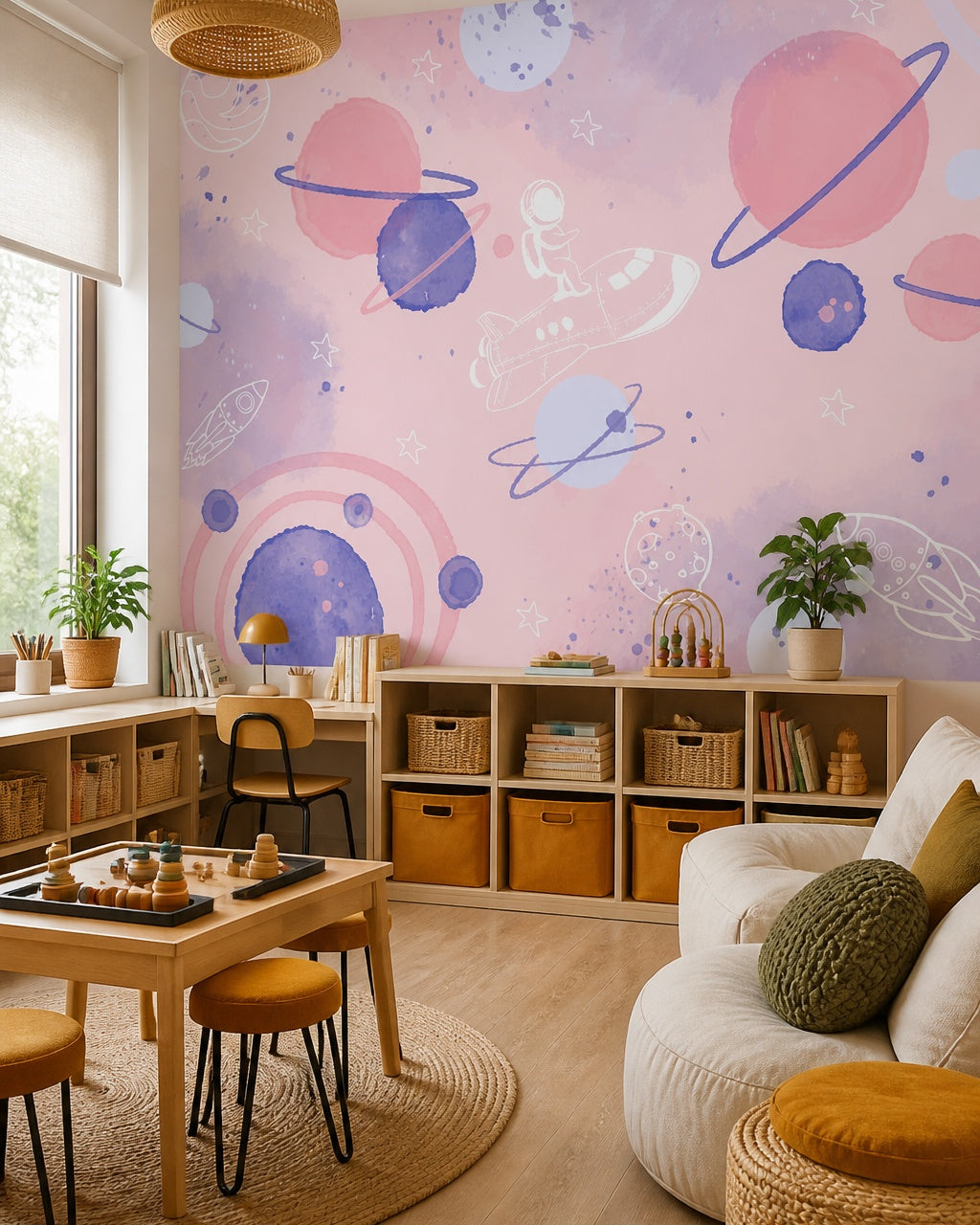 Dreamy pink space adventure nursery wallpaper in a children’s playroom.
