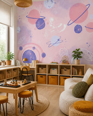 Dreamy pink space adventure nursery wallpaper in a children’s playroom.