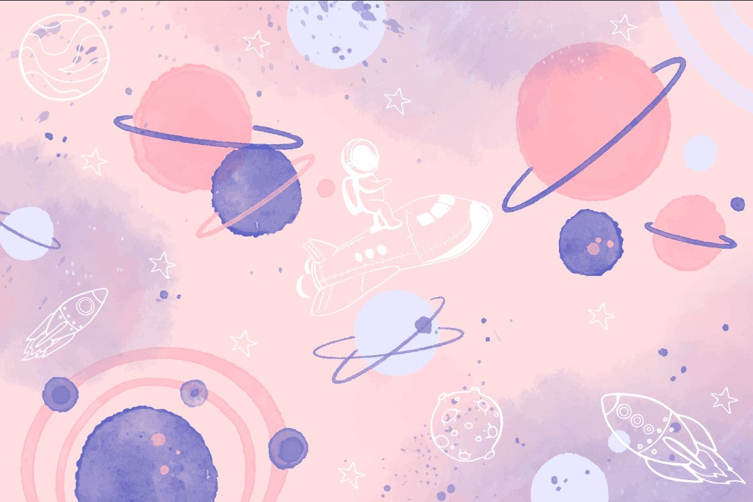 Kids Wall Murals Space Planets Astronaut Pink Watercolor Wallpaper for Kids