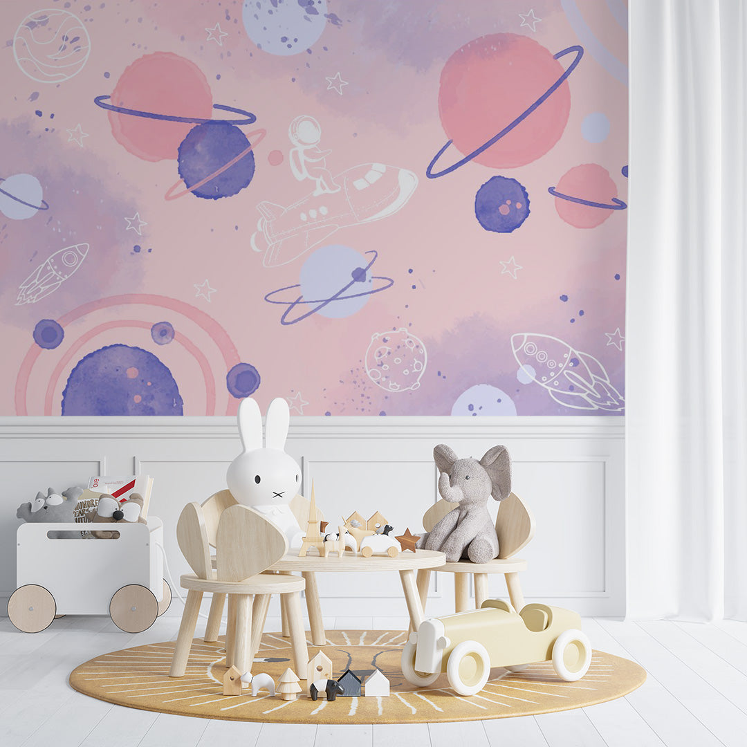 Custom Kids Wall Murals Space Planets Astronaut Pink Watercolor Wallpaper for Kids