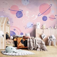 Custom Kids Wall Murals Space Planets Astronaut Pink Watercolor Wallpaper for Kids