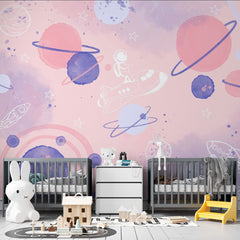 Custom Kids Wall Murals Space Planets Astronaut Pink Watercolor Wallpaper for Kids