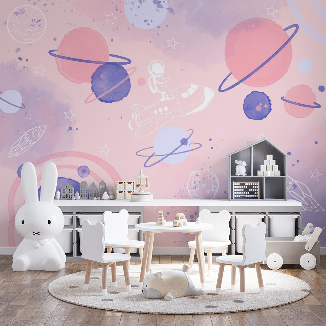 Kids Wall Murals Space Planets Astronaut Pink Watercolor Wallpaper for Kids