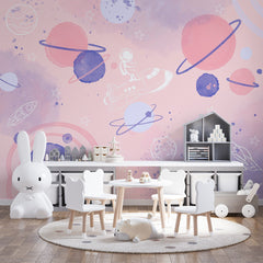 Custom Kids Wall Murals Space Planets Astronaut Pink Watercolor Wallpaper for Kids