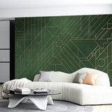 Dark Green Art Deco Style Geometric and Circuit Pattern Wallpaper