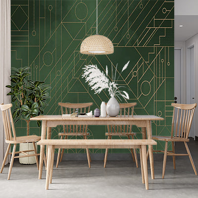 Dark Green Art Deco Style Geometric and Circuit Pattern Wallpaper