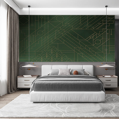 Dark Green Art Deco Style Geometric and Circuit Pattern Wallpaper