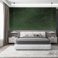 Custom Dark Green Art Deco Style Geometric and Circuit Pattern Wallpaper