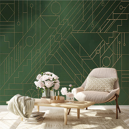 Dark Green Art Deco Style Geometric and Circuit Pattern Wallpaper