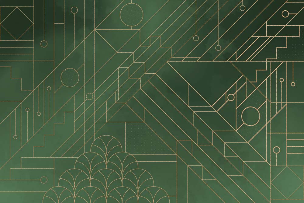 Dark Green Art Deco Style Geometric and Circuit Pattern Wallpaper