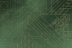 Custom Dark Green Art Deco Style Geometric and Circuit Pattern Wallpaper