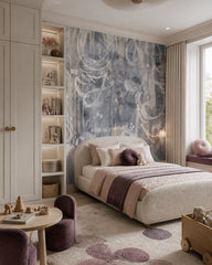 Grey music notes wallpaper in a girl’s bedroom with a cream upholstered bed and plum accents.
