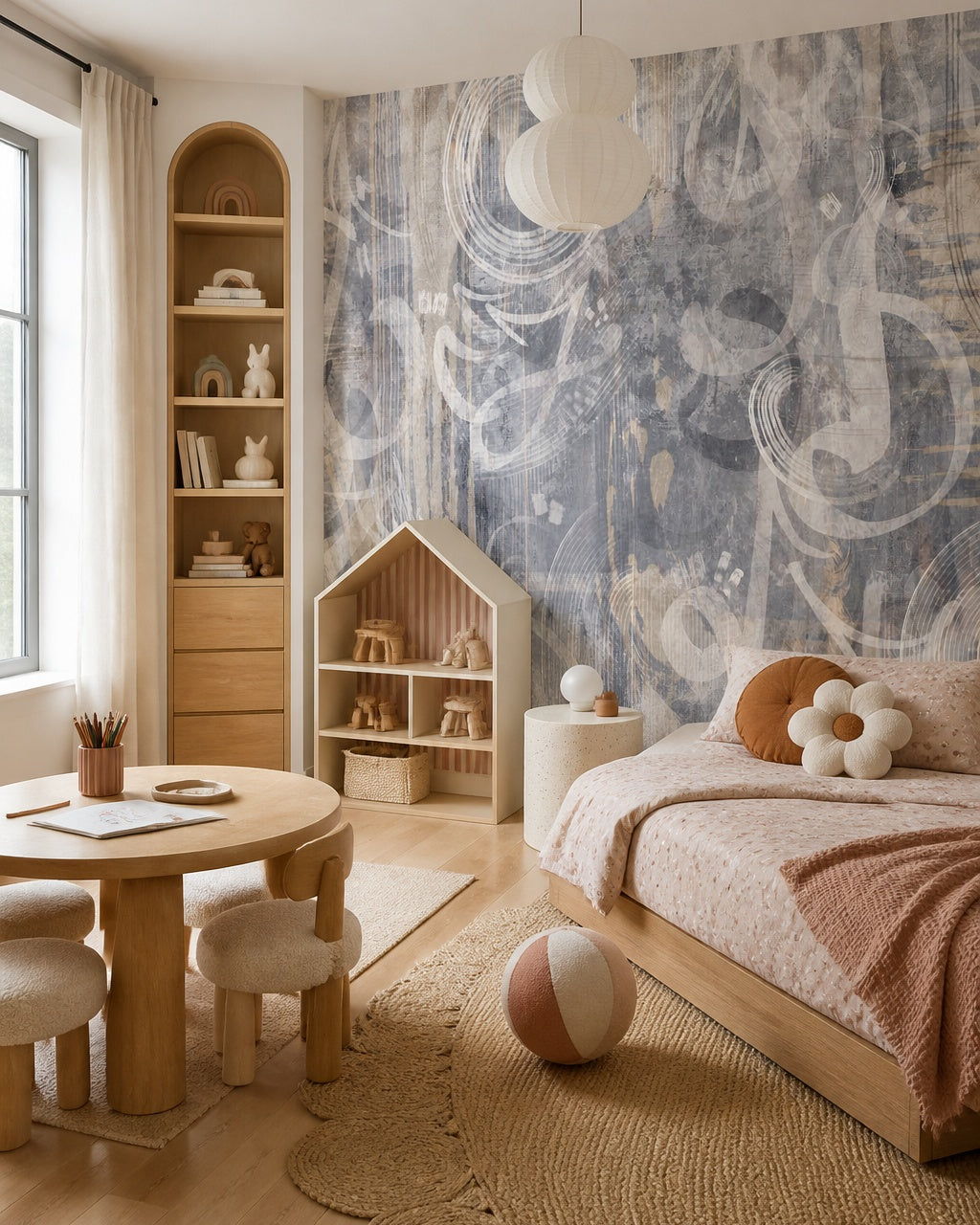 Grey music notes wallpaper in a kids’ bedroom with a round table and a house-shaped shelf.