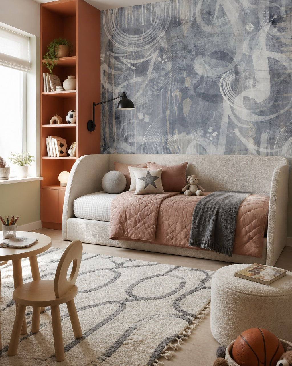 Grey music notes wallpaper in a reading corner with a daybed and terracotta shelving.