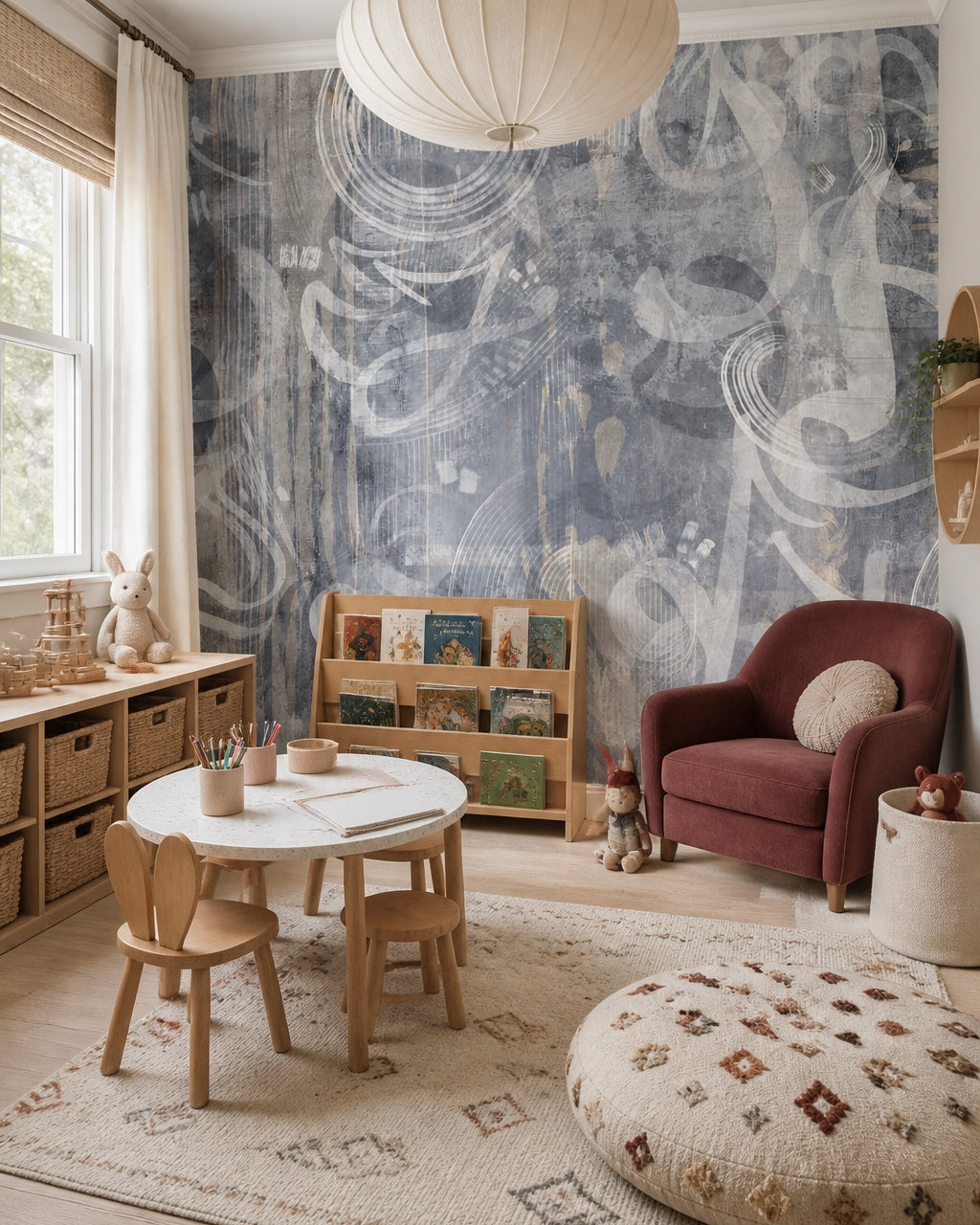 Grey music notes wallpaper in a playroom with a round table and a burgundy armchair.
