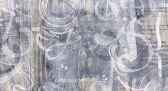 Grey and blue grunge wallpaper with white swirling music notes, clefs and abstract musical shapes.