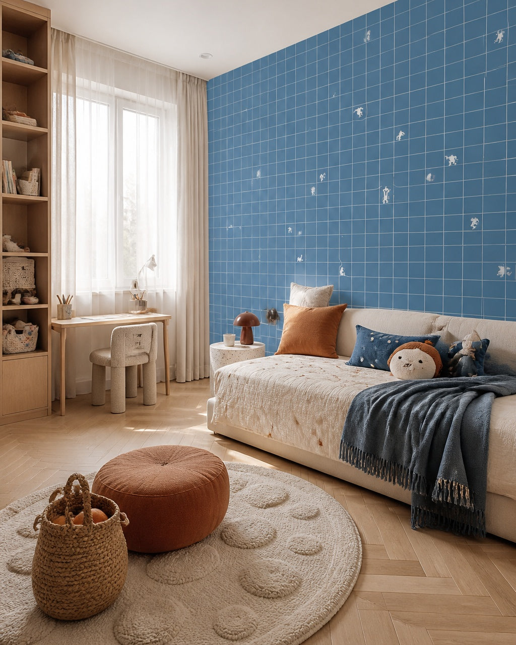 Blue grid wallpaper with tiny white figures in a kids’ bedroom with a low bed and a round rug.