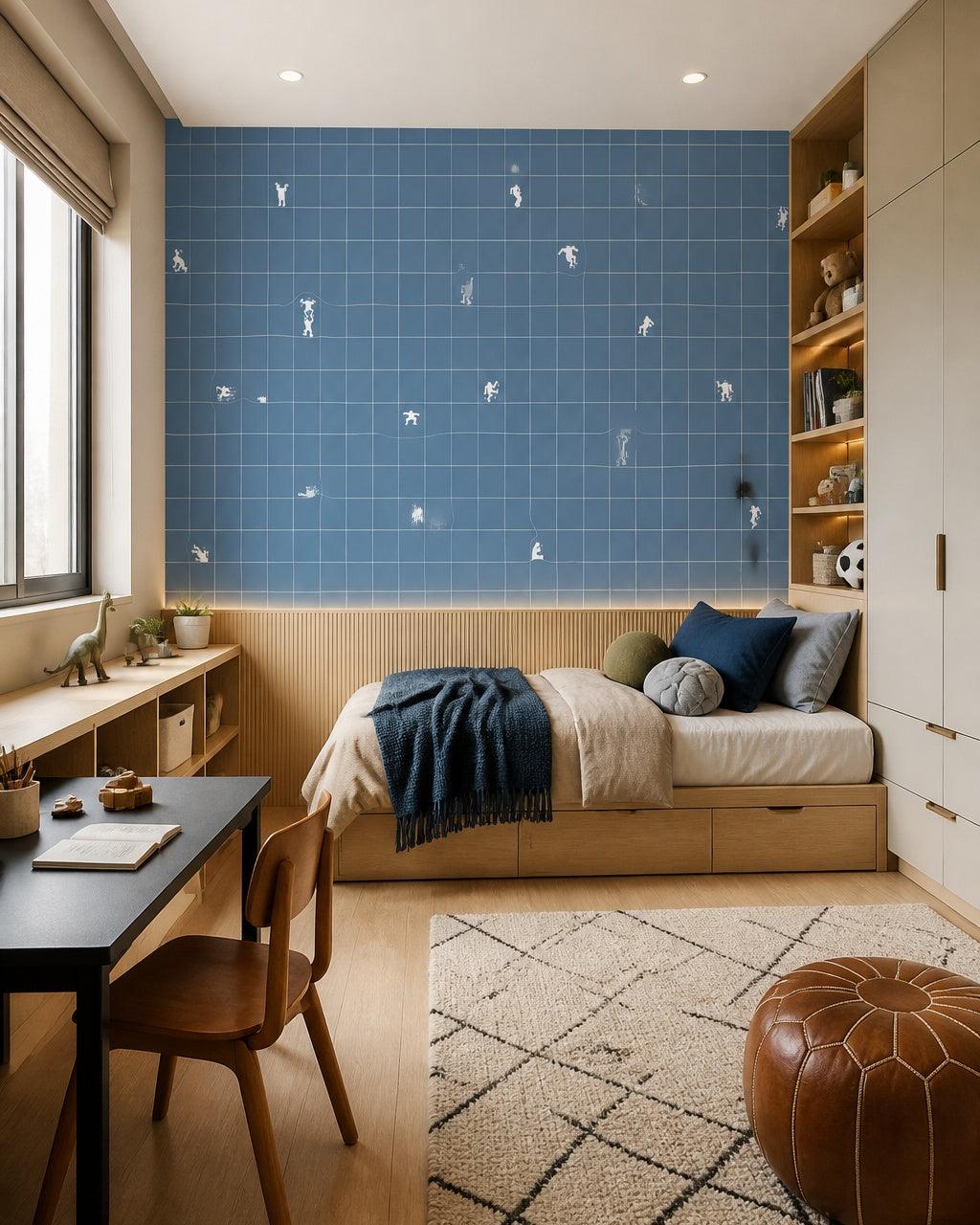 Blue grid wallpaper with tiny white figures in a kids’ bedroom with a desk and built-in storage.